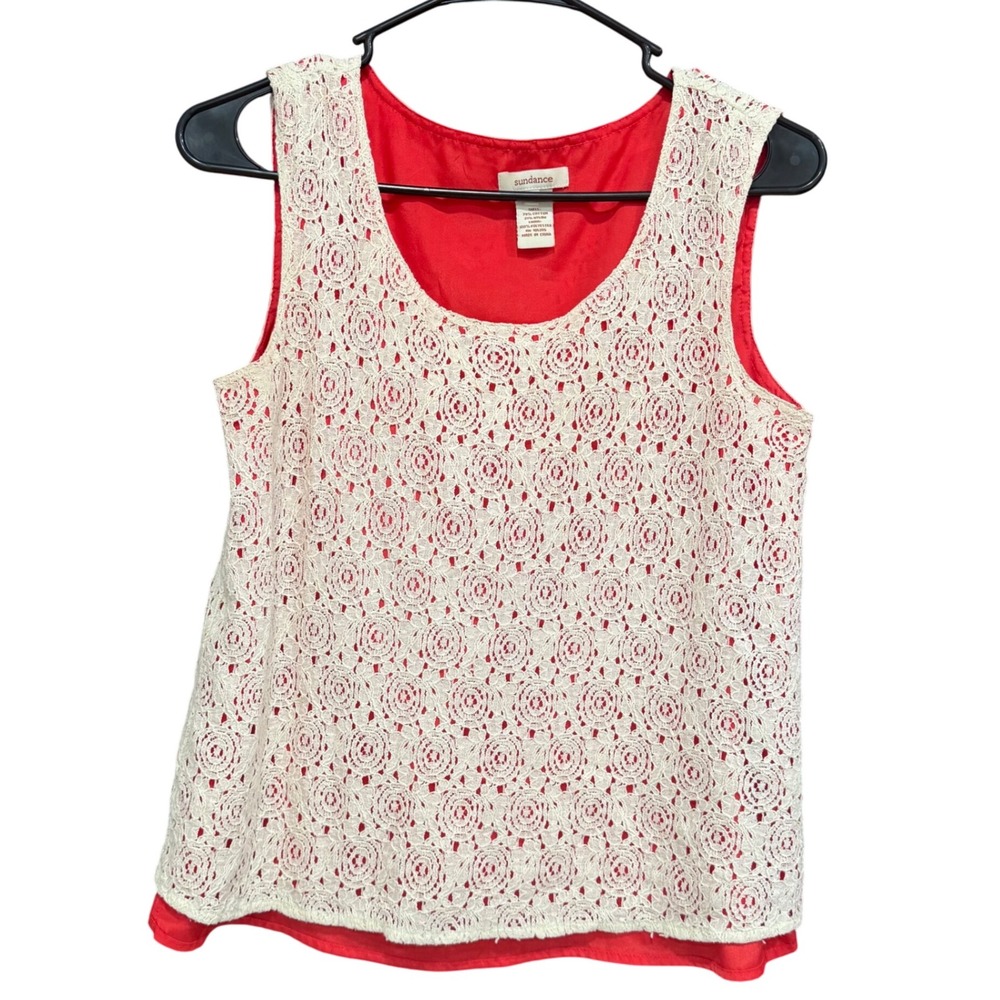 Sundance Sleeveless Tank Top Cream Lace Red Lined Blouse‎ Women's Size S